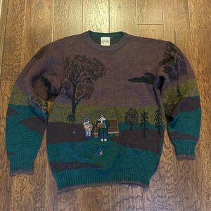 Men's Crewneck Sweater in Teal & Plum with Scenic Motif